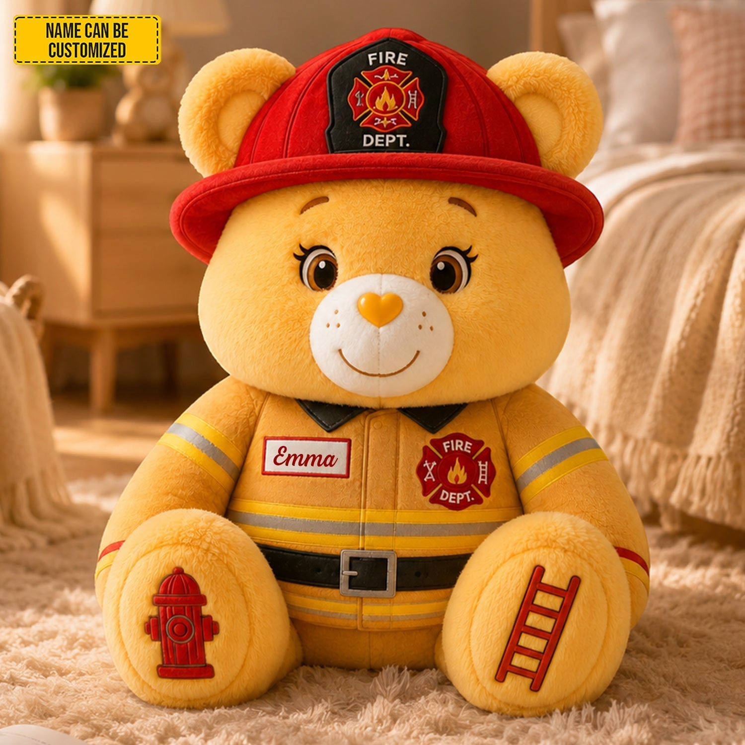 Personalized Firefighter Bear Plush Pillow Custom Name Gift