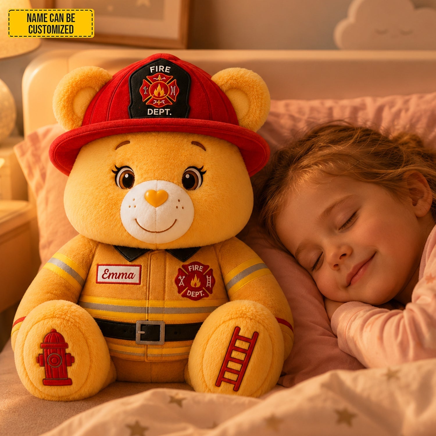 Personalized Firefighter Bear Plush Pillow Custom Name Gift