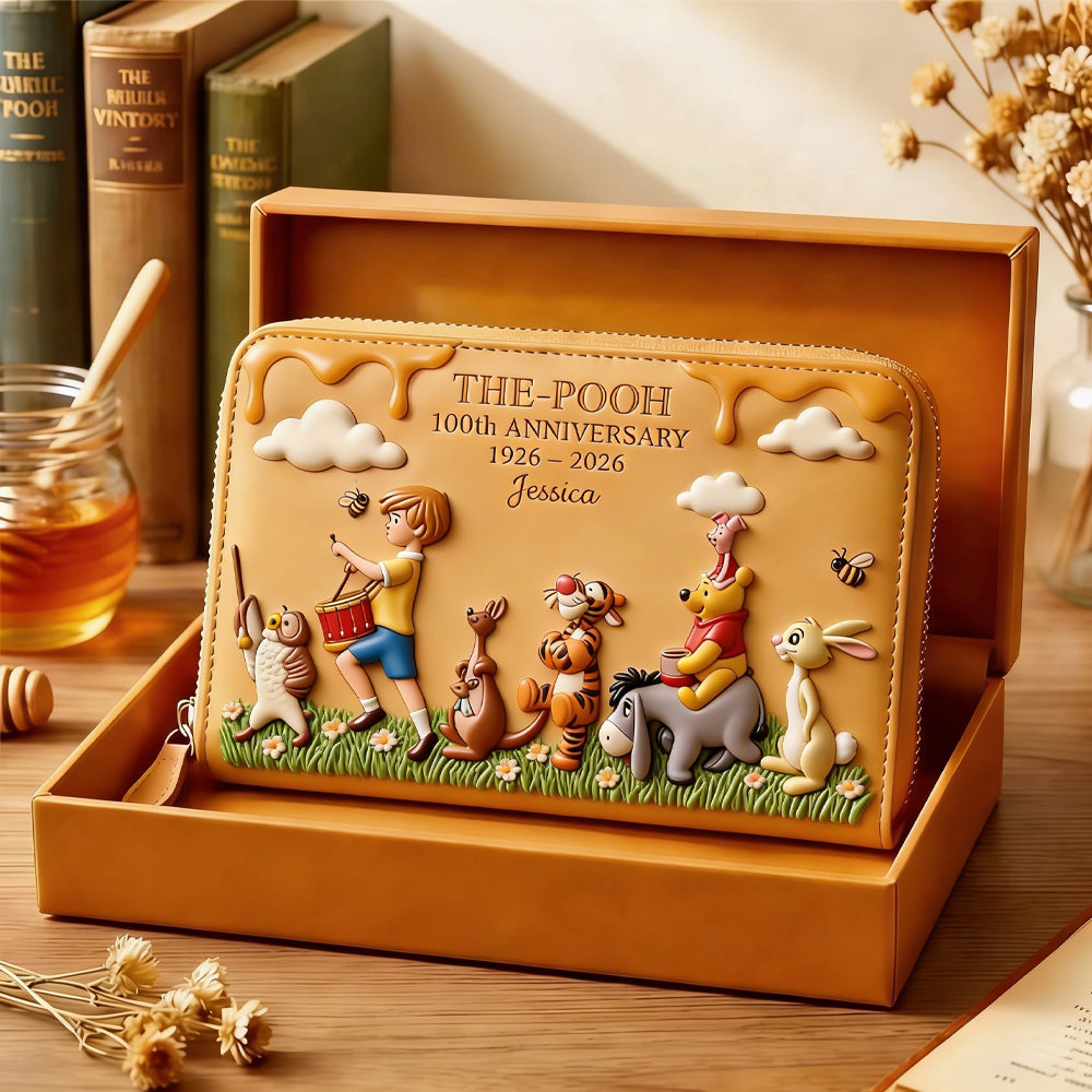 Personalized Leather Long Wallet Disney Pooh 100th Anniversary Gift for Movie Fans