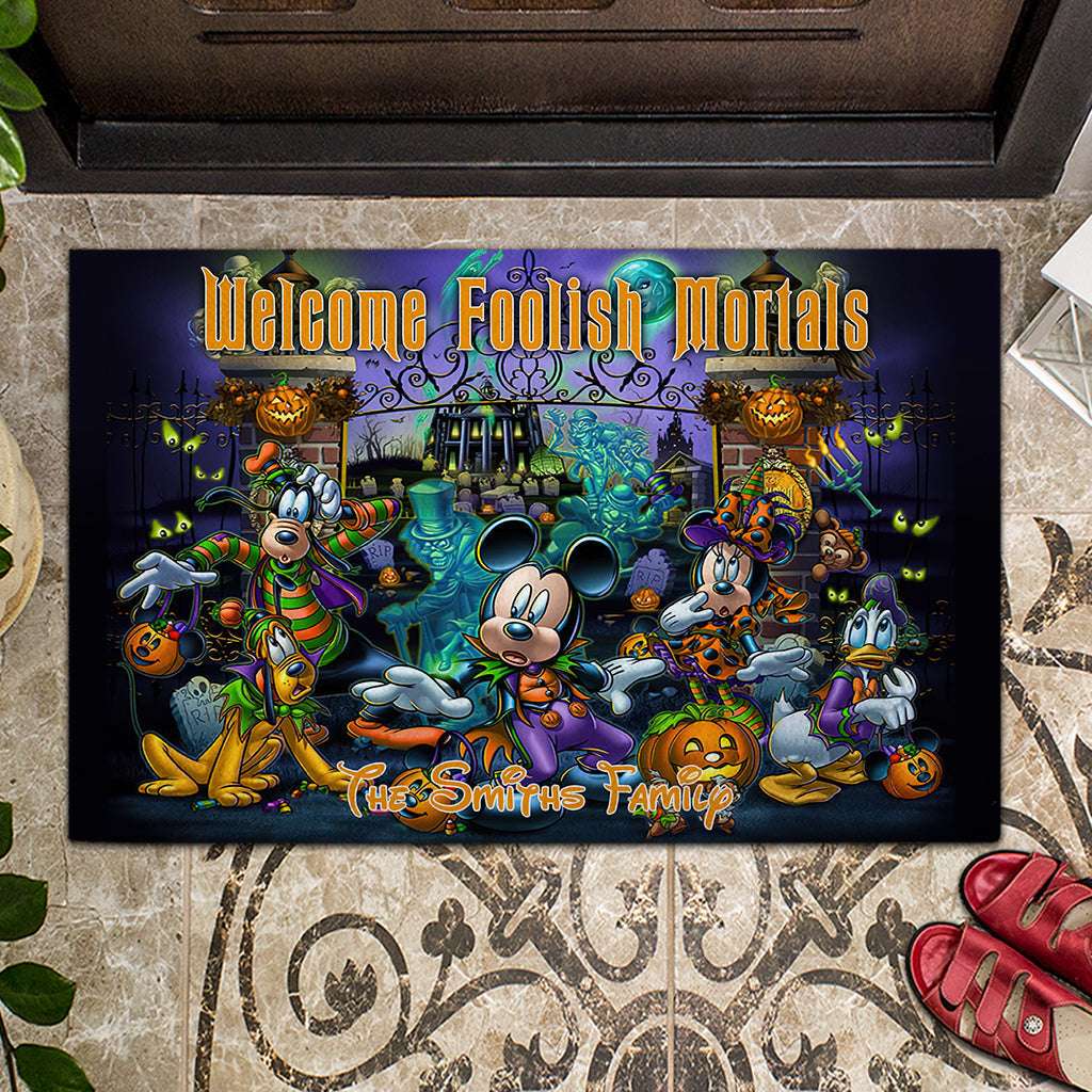 Personalized Welcome Foolish Mortals Doormat for Halloween Housewarming