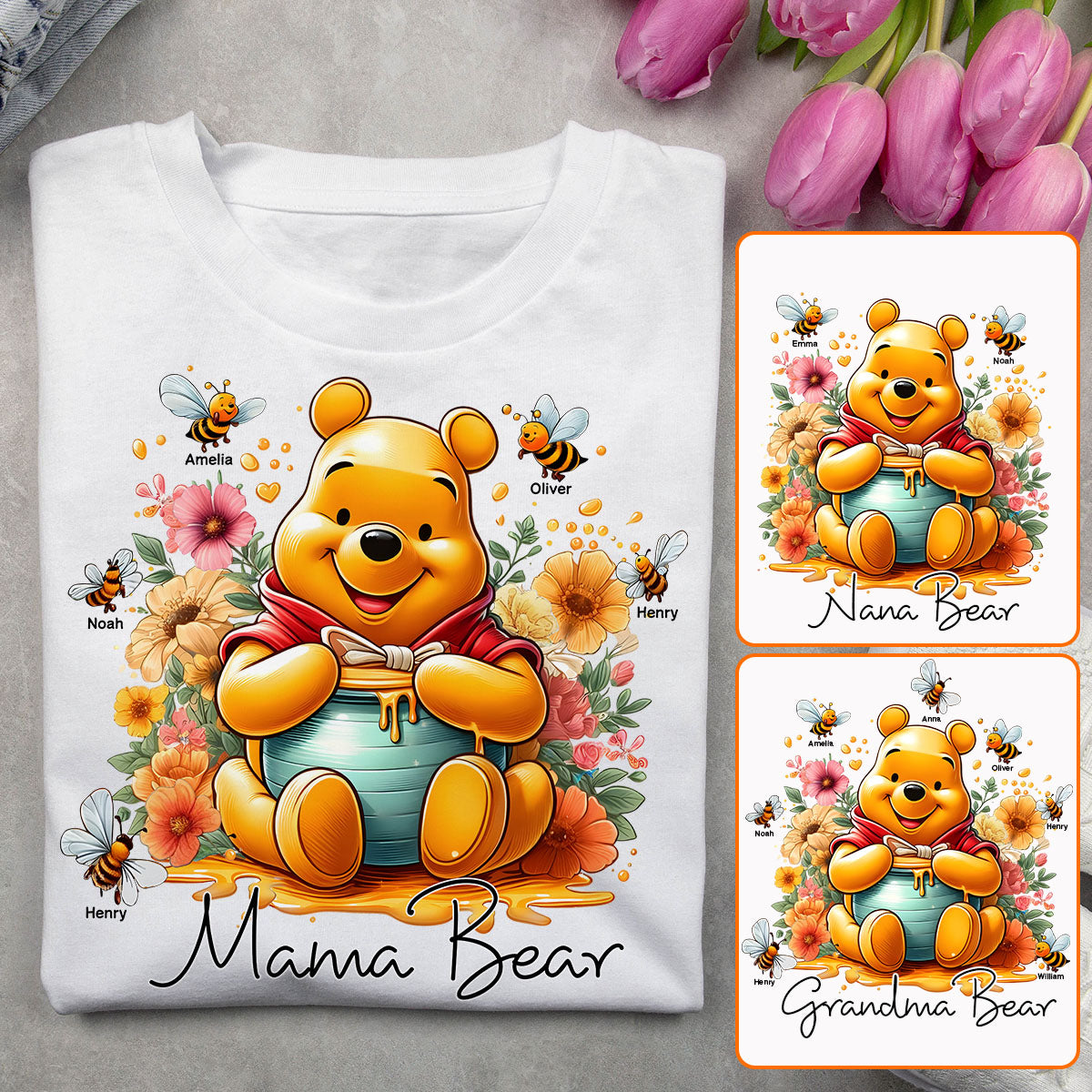 Personalized Mama Bear T-Shirt & Hoodie with Floral Design for Mom