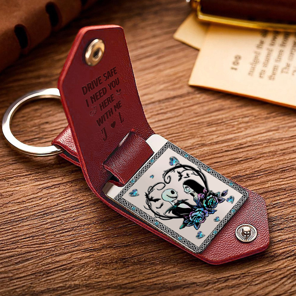 Personalized Leather Photo Keychain Gift for Couples | Drive Safe Reminder
