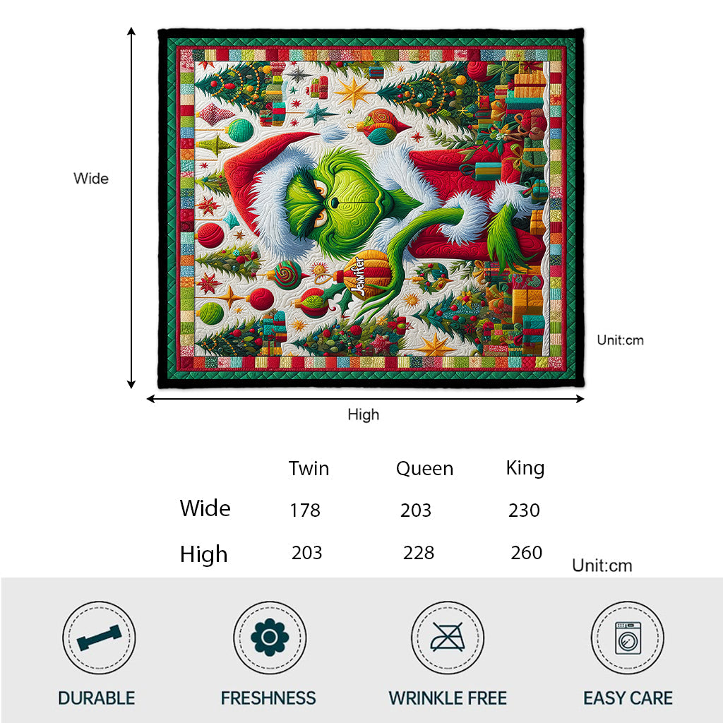 Personalized Grinch Christmas Quilt Custom Name Holiday Decor