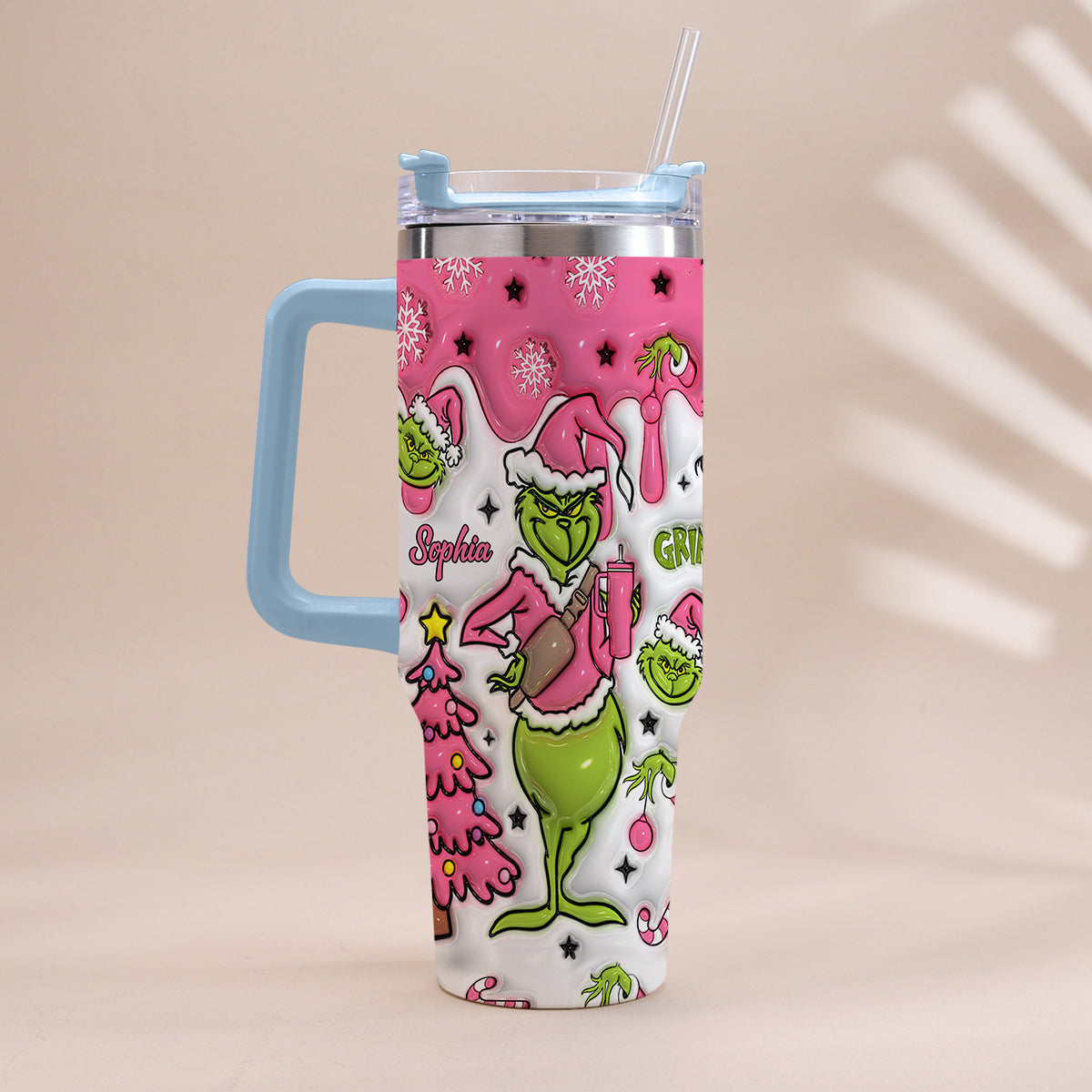 Personalized Grinch Christmas Tumbler with Handle Custom Name Gift