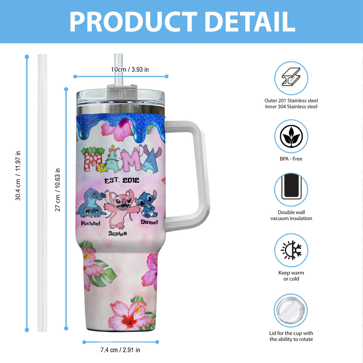Personalized Ohana Tumbler with Handle Custom Name Gift for Mom