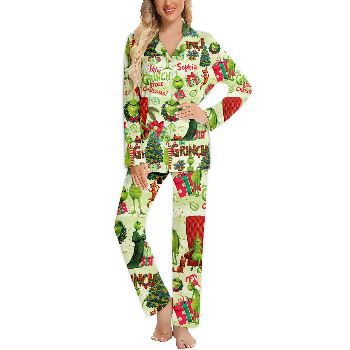 Personalized Grinch Christmas Button Down Pajamas for Couples