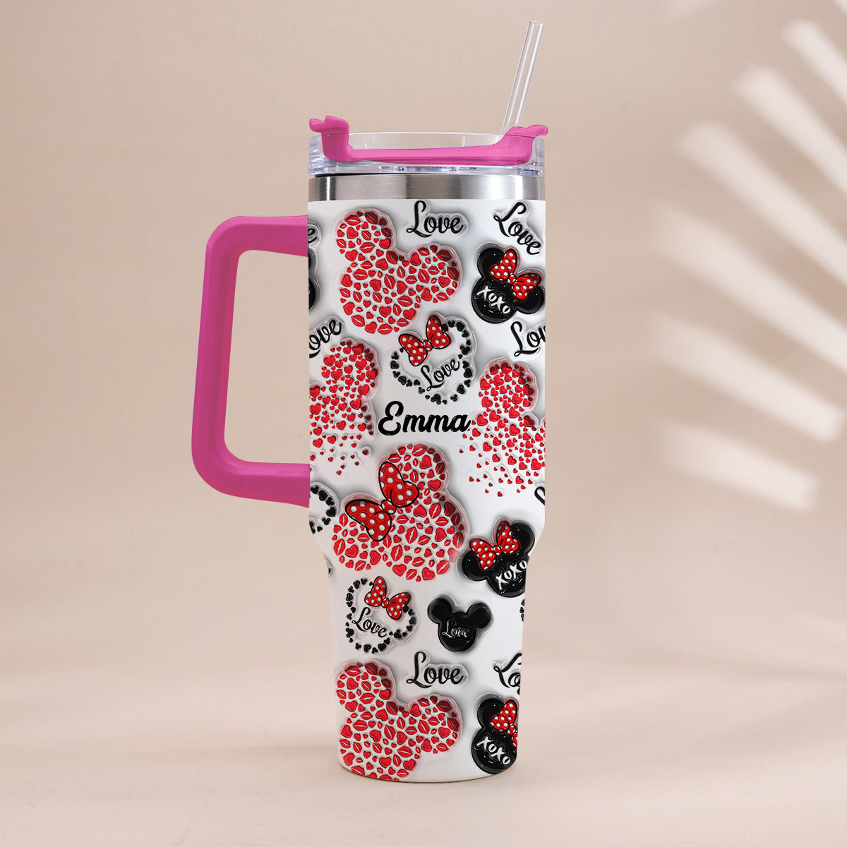 Personalized Mouse Heart Tumbler with Handle for Moms | Unique Christmas Gift