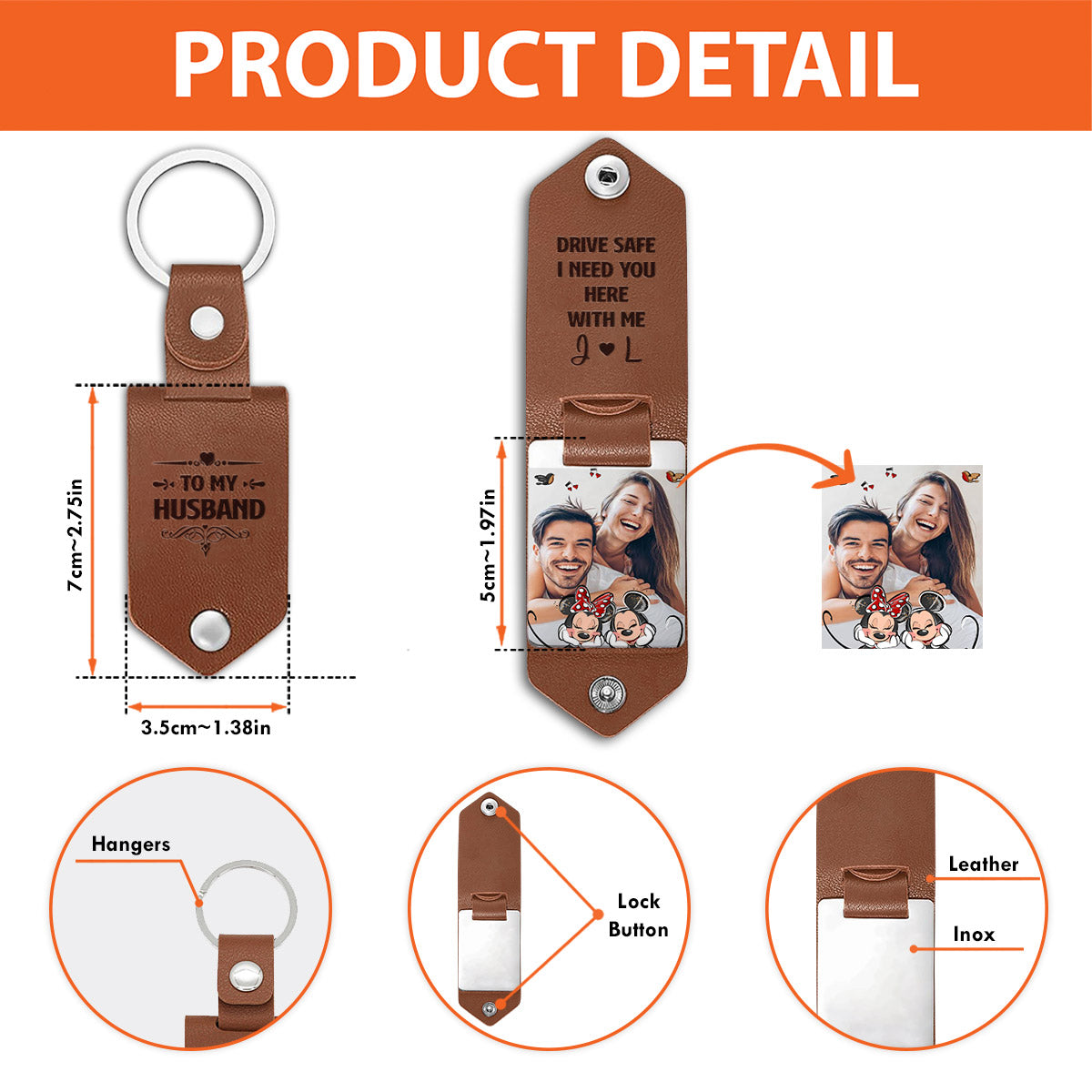 Personalized Leather Photo Keychain Couple Gift with Custom Message