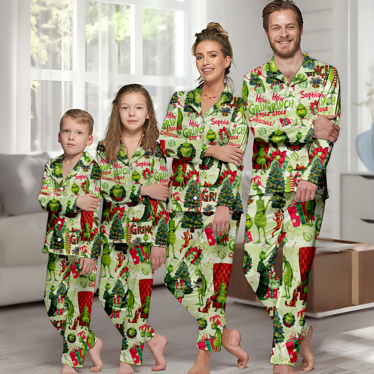 Personalized Grinch Christmas Button Down Pajamas for Couples