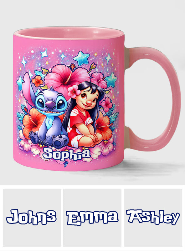 Personalized Pink Accent Mug with Ohana Bubble Flowers Design