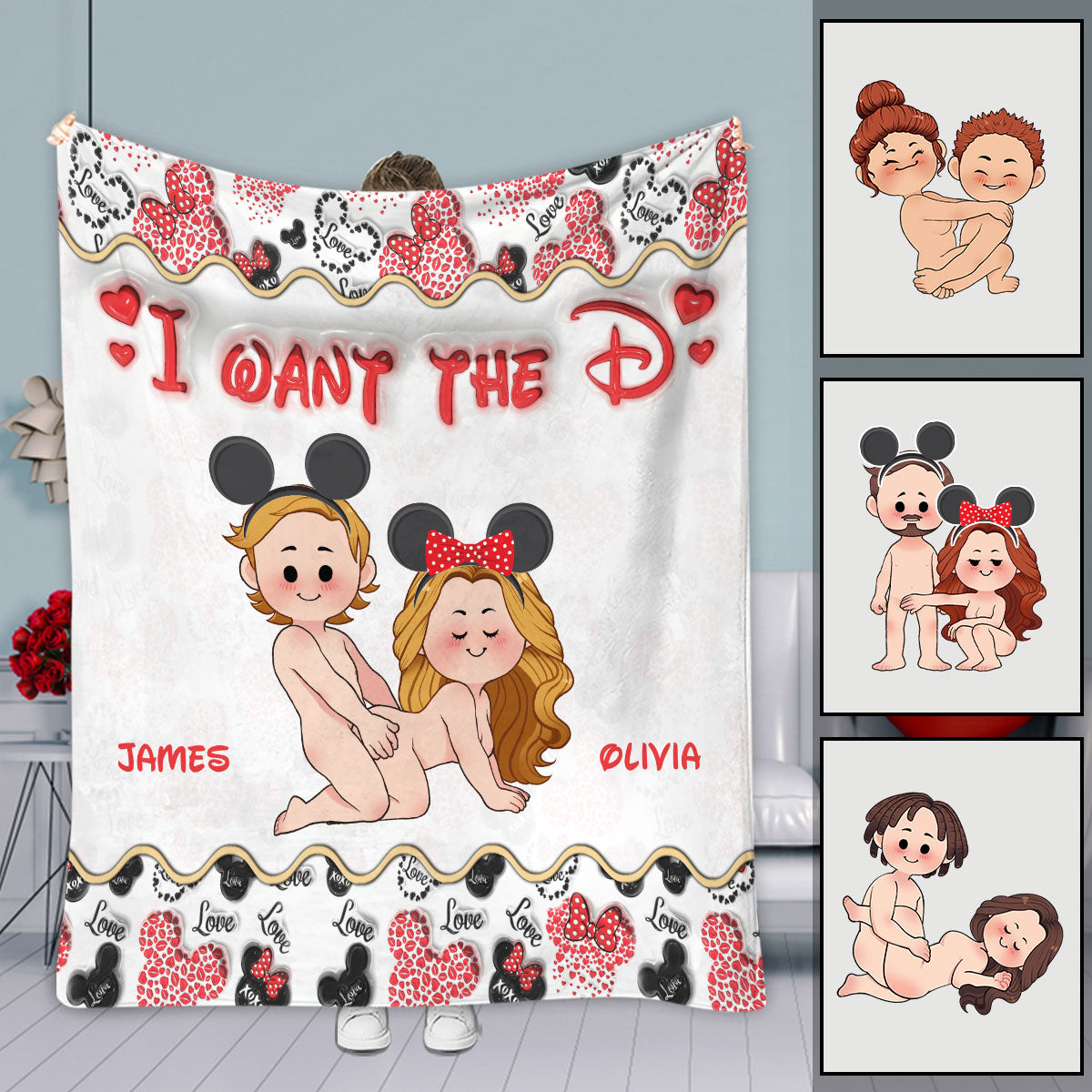 Personalized Mouse-Themed Blanket Custom Names Gift for Couple