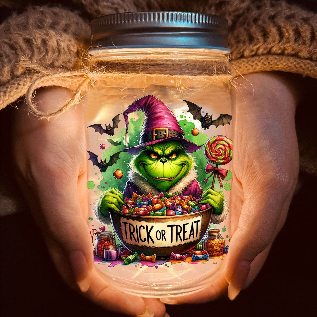 Personalized Grinchy Mason Jar Light Christmas Decor Gift