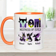 Load image into Gallery viewer, Personalized Two-Tone Accent Mug with 'Mistress of Evils' Design for Mom
