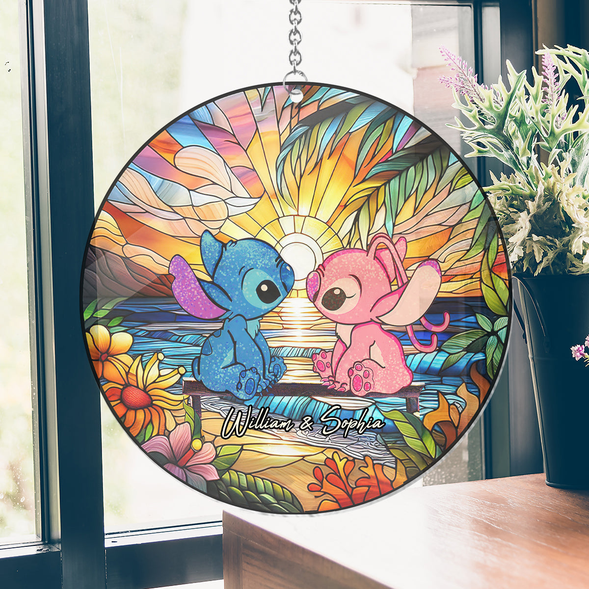 Personalized Ohana Suncatcher Ornament for Couples - Romantic Sunset Home Decor