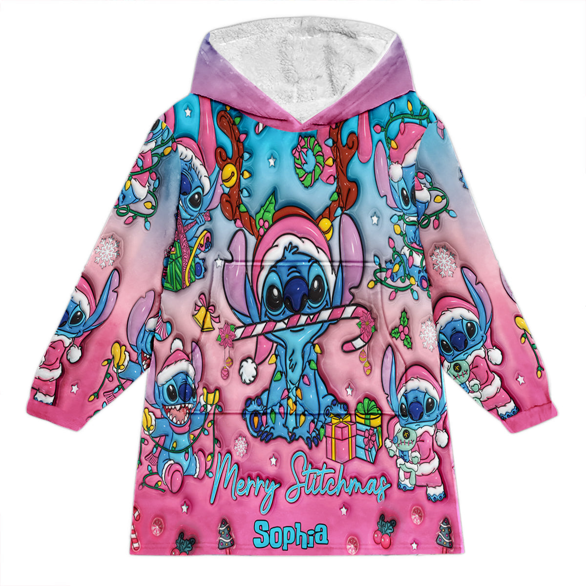 Personalized Merry Stitchmas Blanket Hoodie for Kids | Christmas Gift