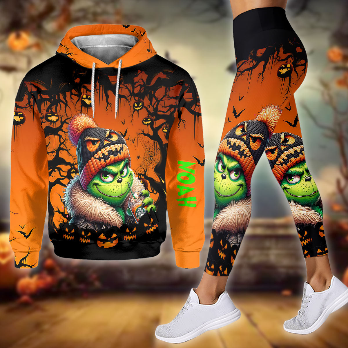 Personalized Halloween Grinch Hoodie & Leggings Set Gift