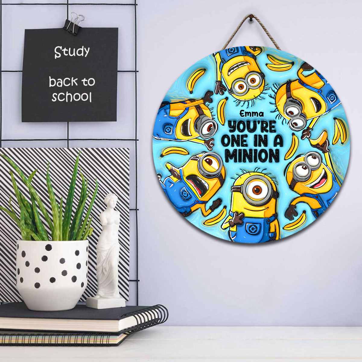 Personalized Round Wood Sign with Minions Design for Kids
