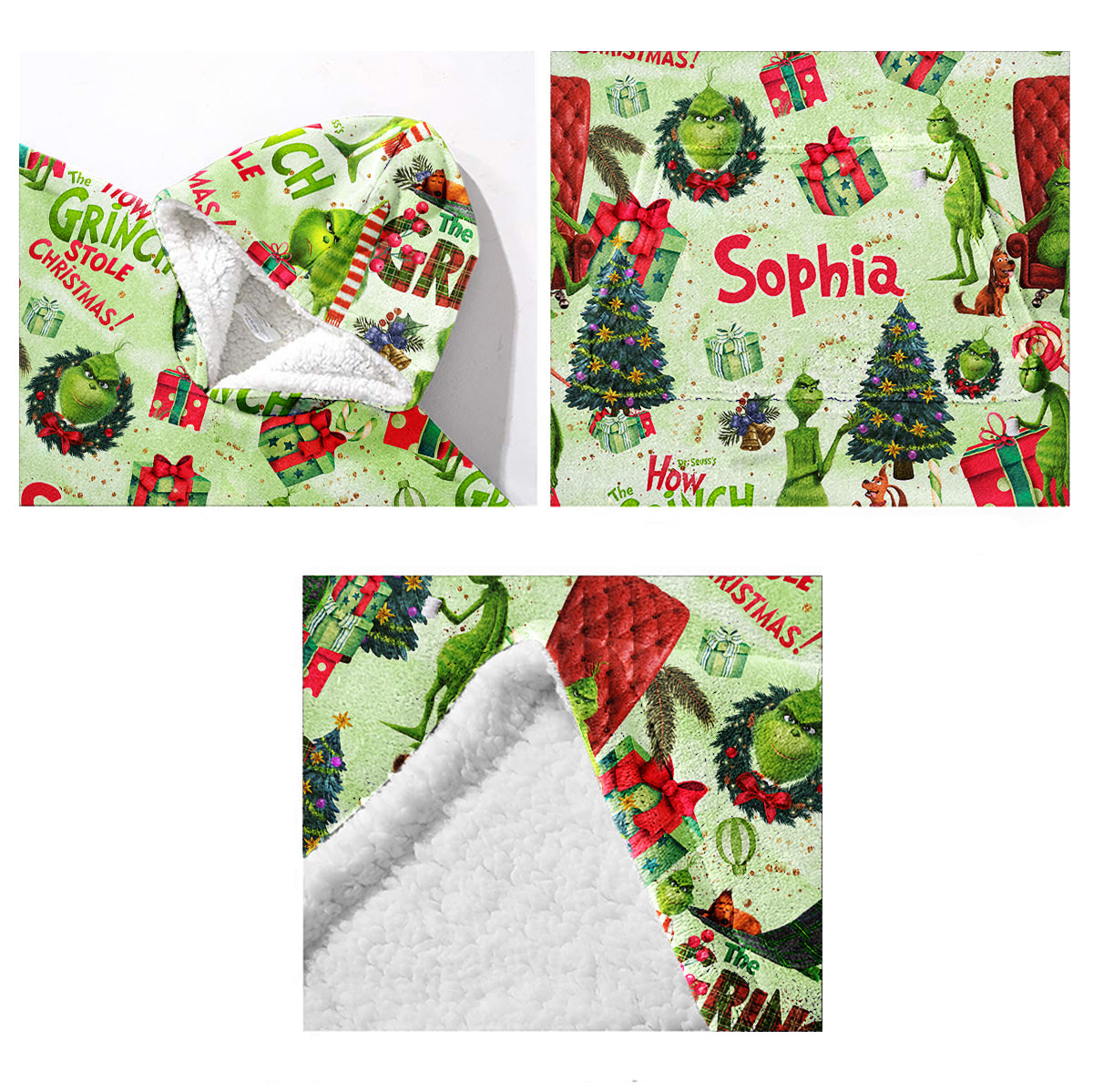 Personalized How the Grinch Stole Christmas Blanket Hoodie for Kids