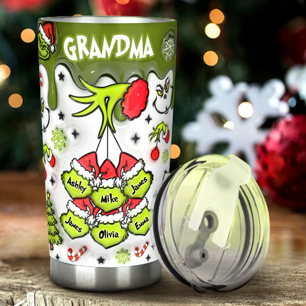 Personalized Christmas Tumbler with Green Snowflakes for Grandma