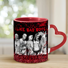 Load image into Gallery viewer, Personalized Heart Handle Mug with 'I Like Bad Boys' Design for Friends
