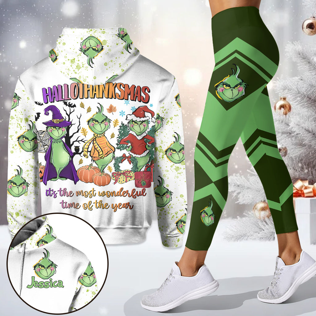 Personalized Grinch Hoodie and Leggings Set for Christmas Gift