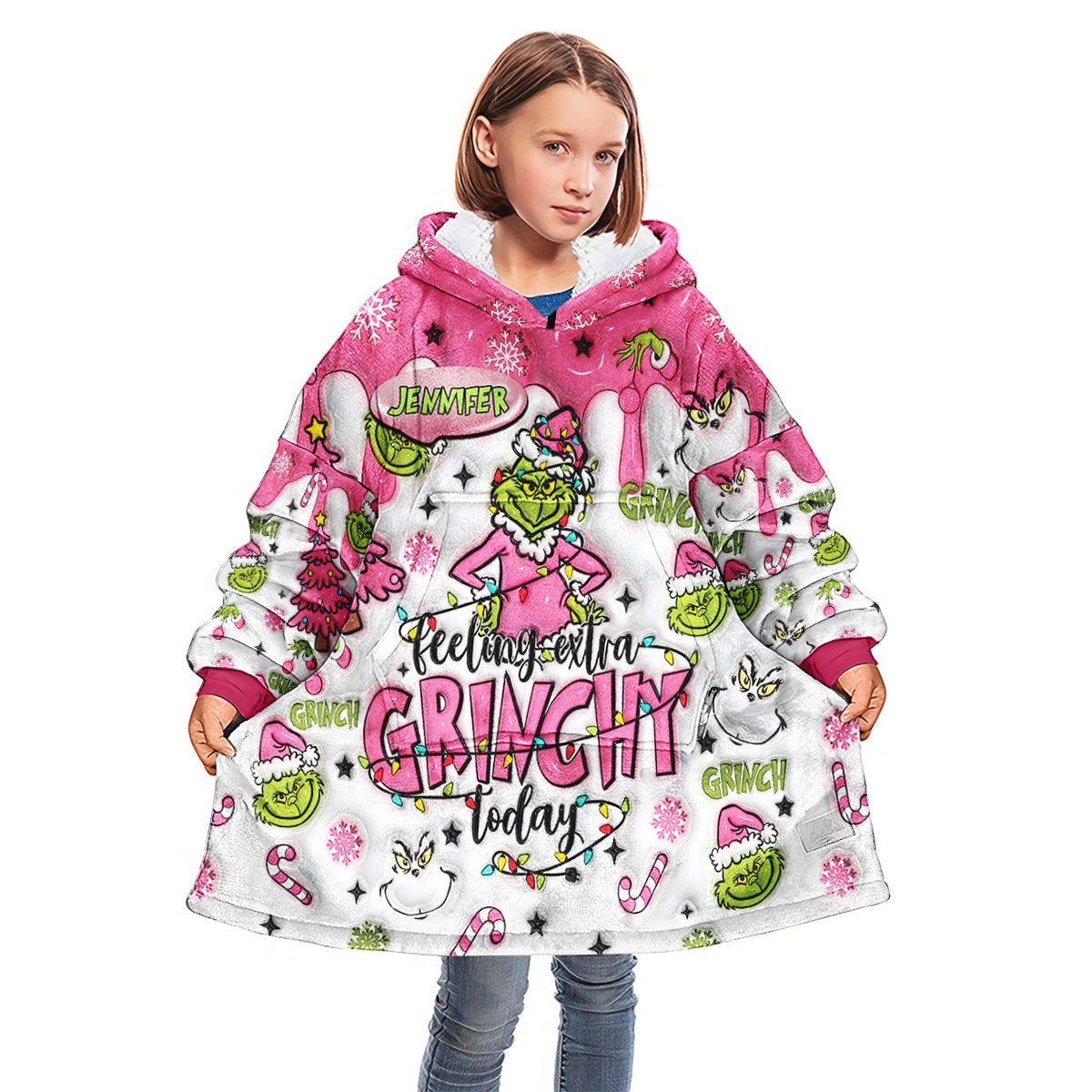 Personalized Grinchy Blanket Hoodie Custom Name Gift for Kids