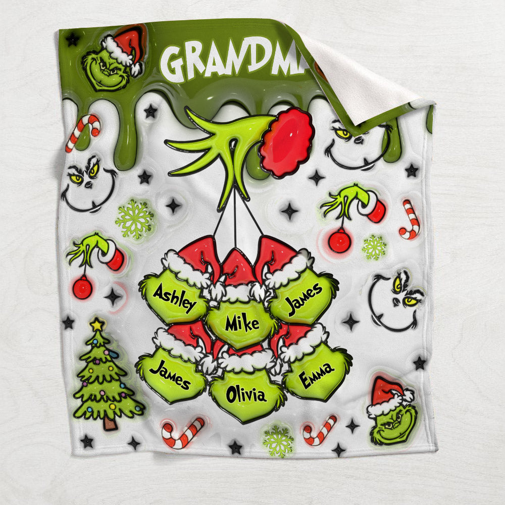 Personalized Christmas Blanket with Snowflakes & Grinch Design for Grandma