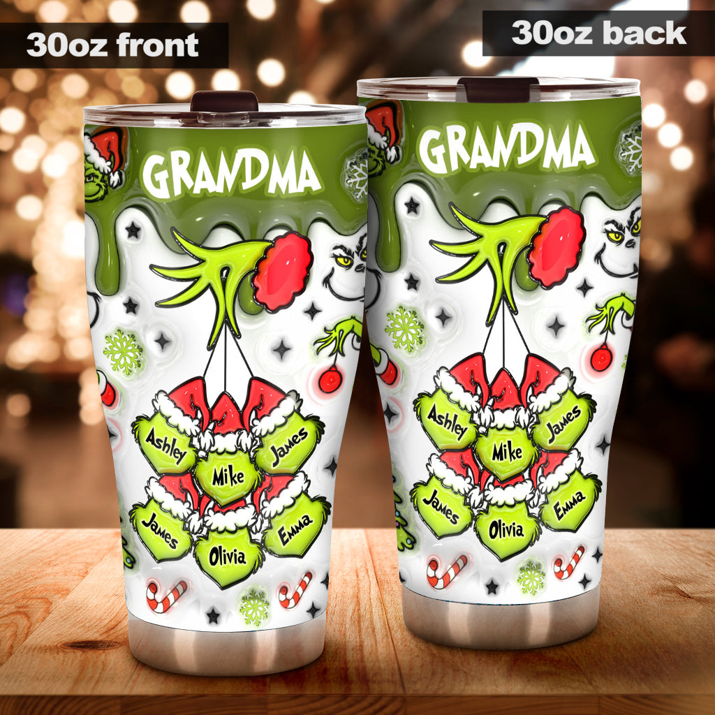 Personalized Christmas Tumbler with Green Snowflakes for Grandma