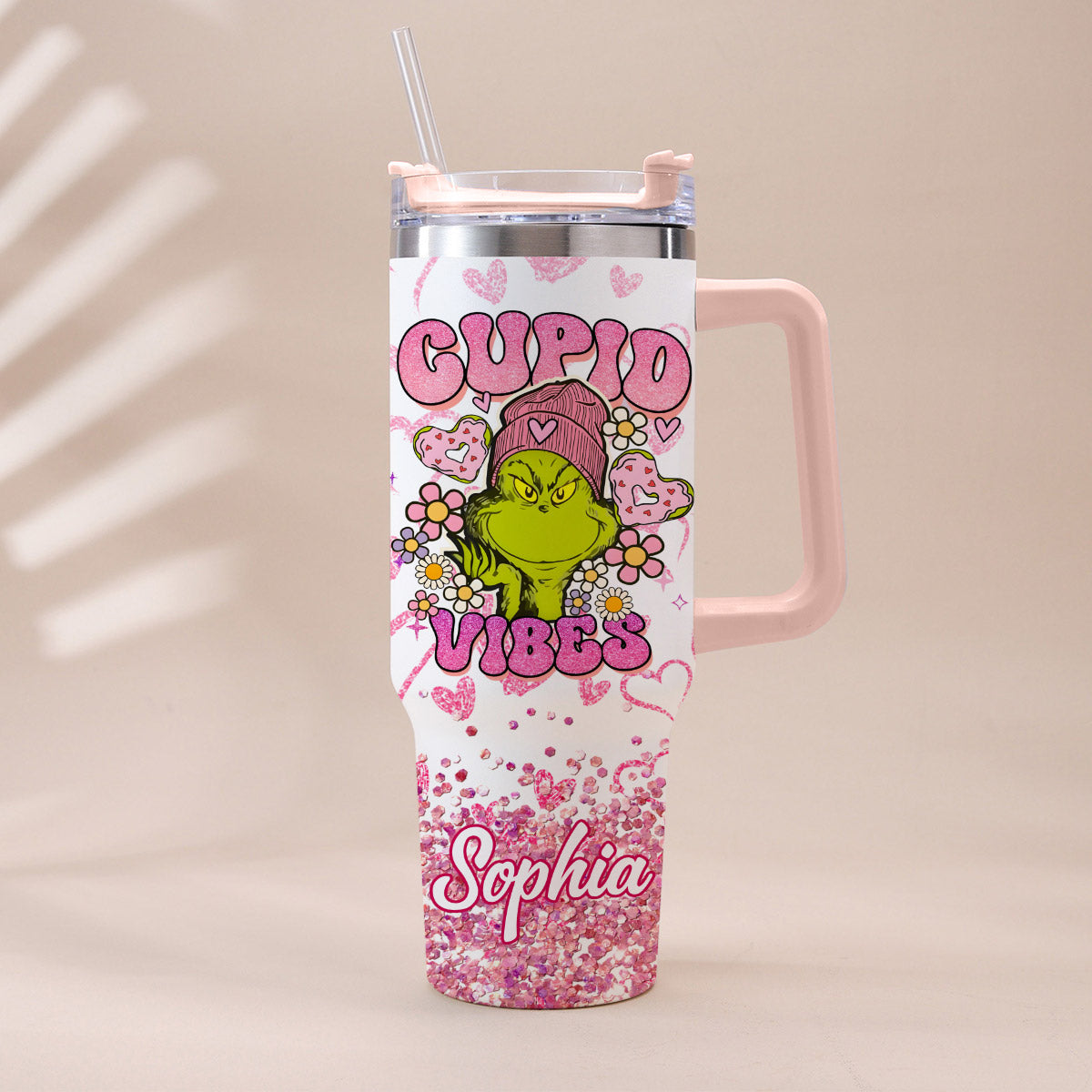 Personalized Cupid Vibes Tumbler with Handle for Christmas Gift