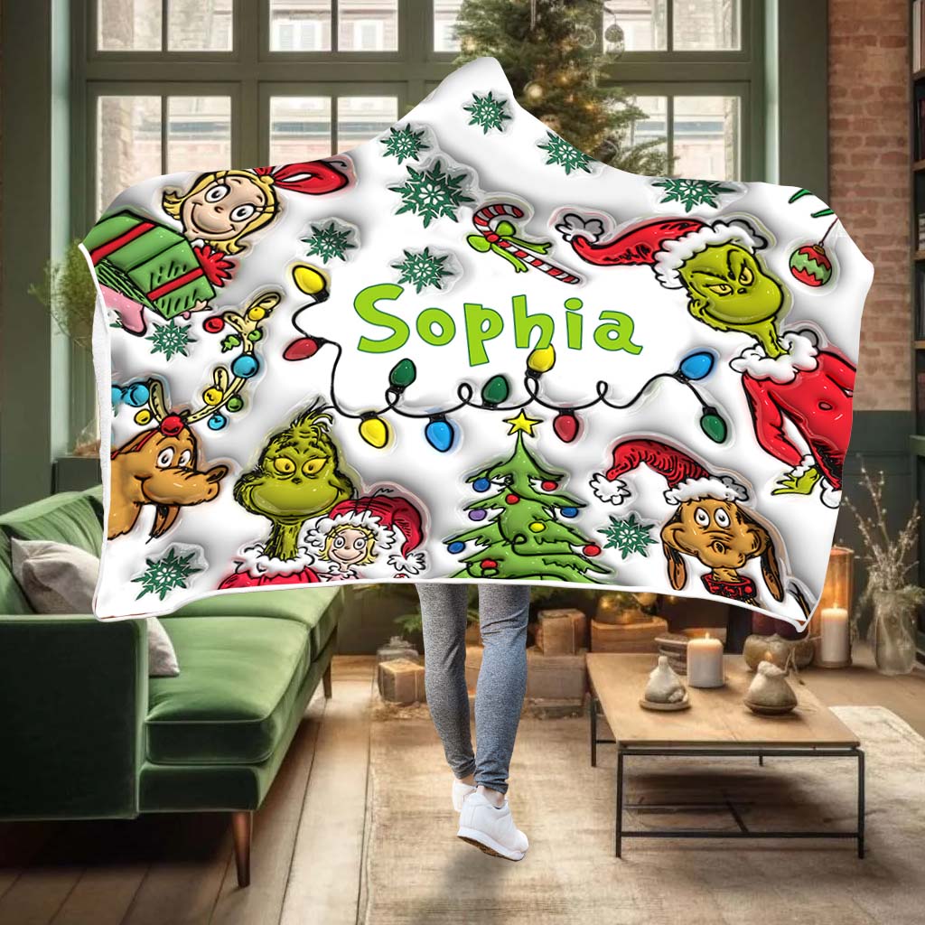 Personalized Christmas Hooded Blanket with Grinch & Friends Gift for Kids
