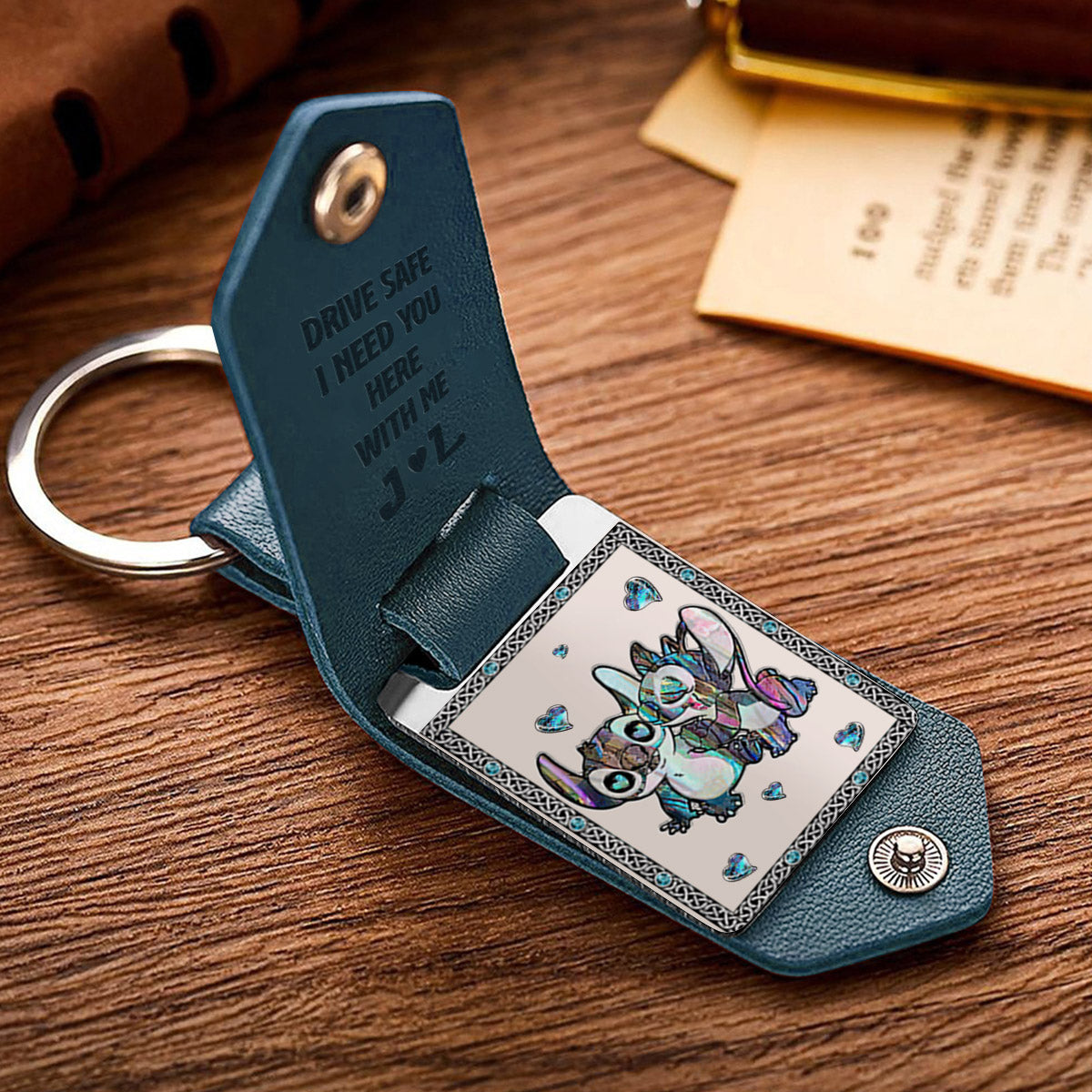 Personalized Ohana Leather Photo Keychain Gift for Couple