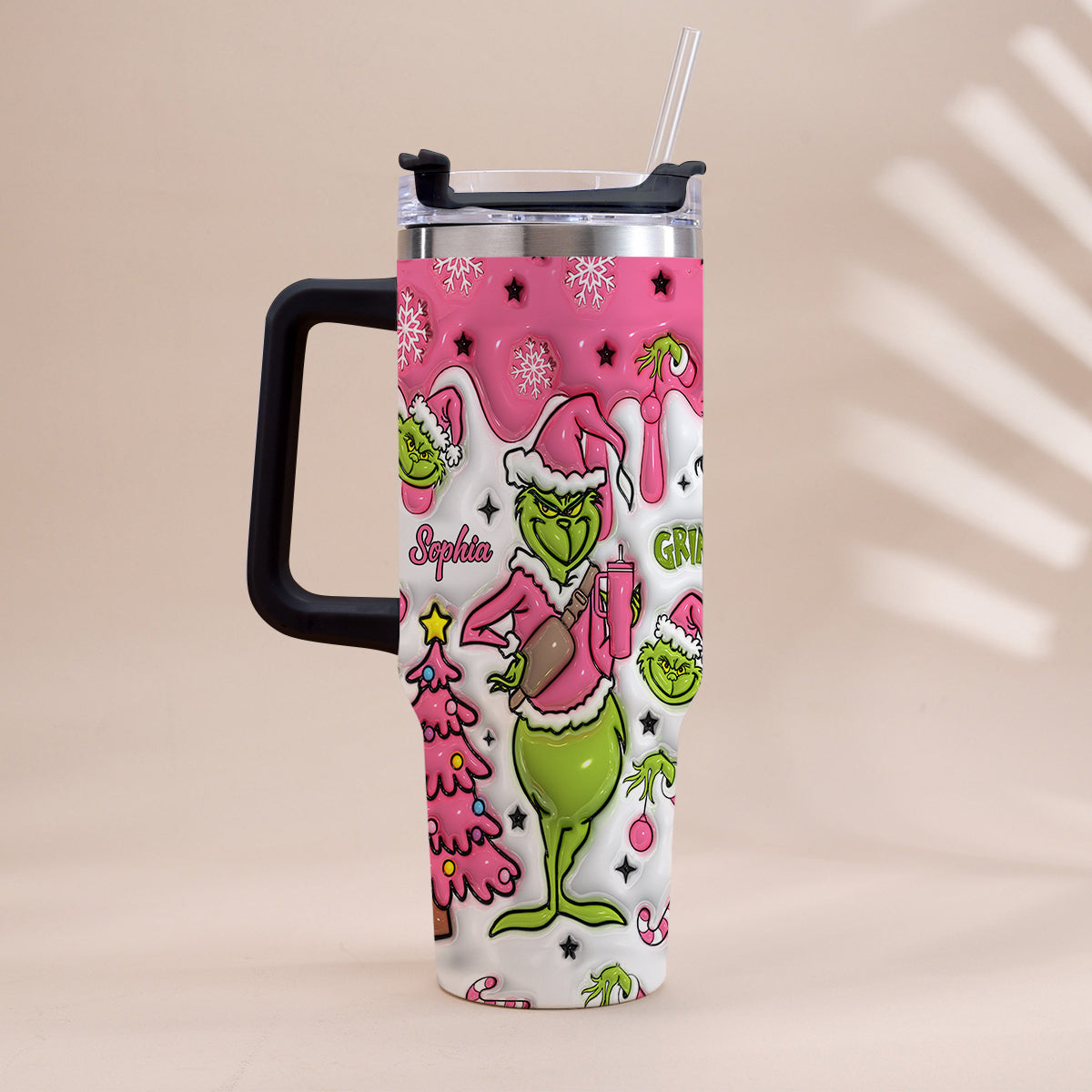 Personalized Grinch Christmas Tumbler with Handle Custom Name Gift