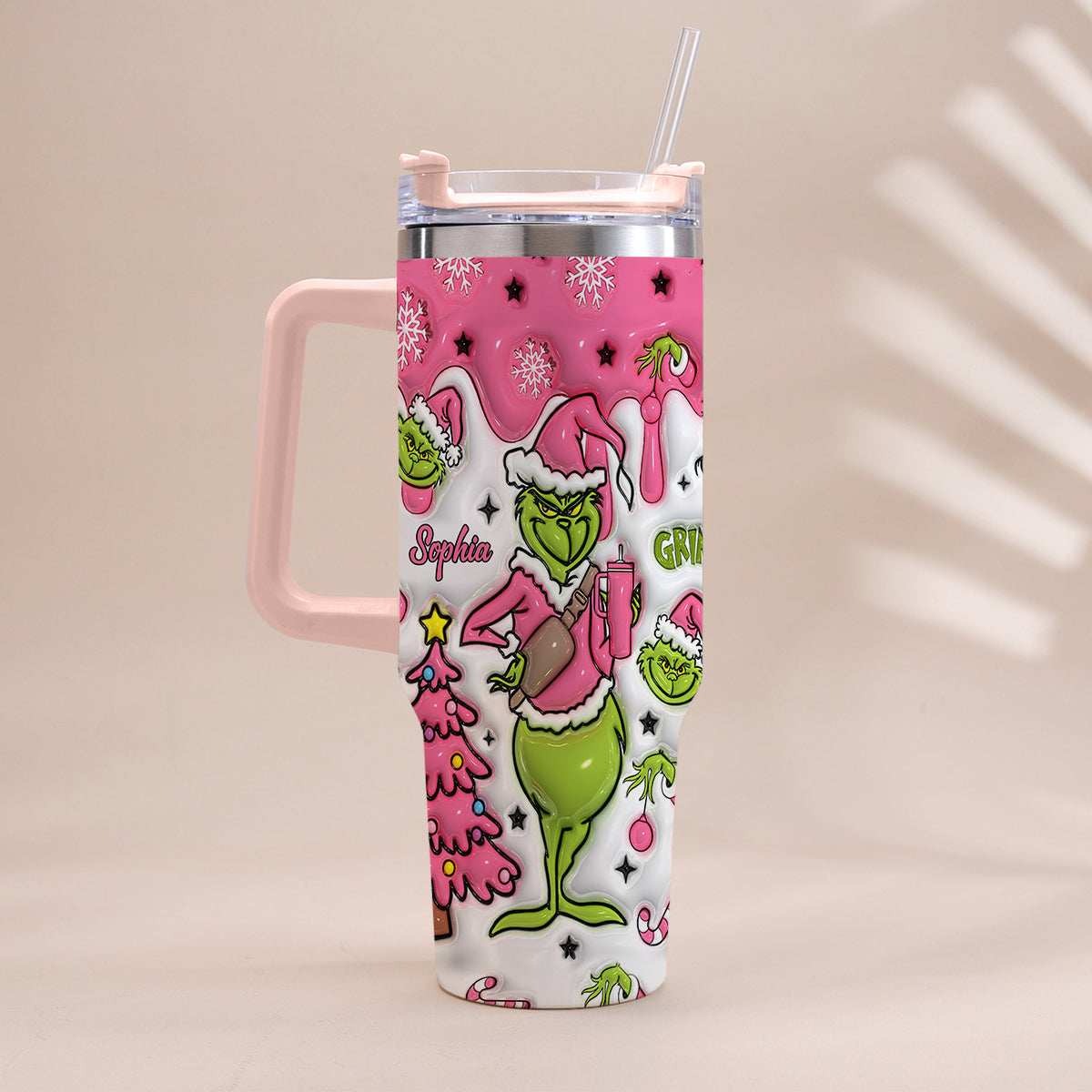 Personalized Grinch Christmas Tumbler with Handle Custom Name Gift