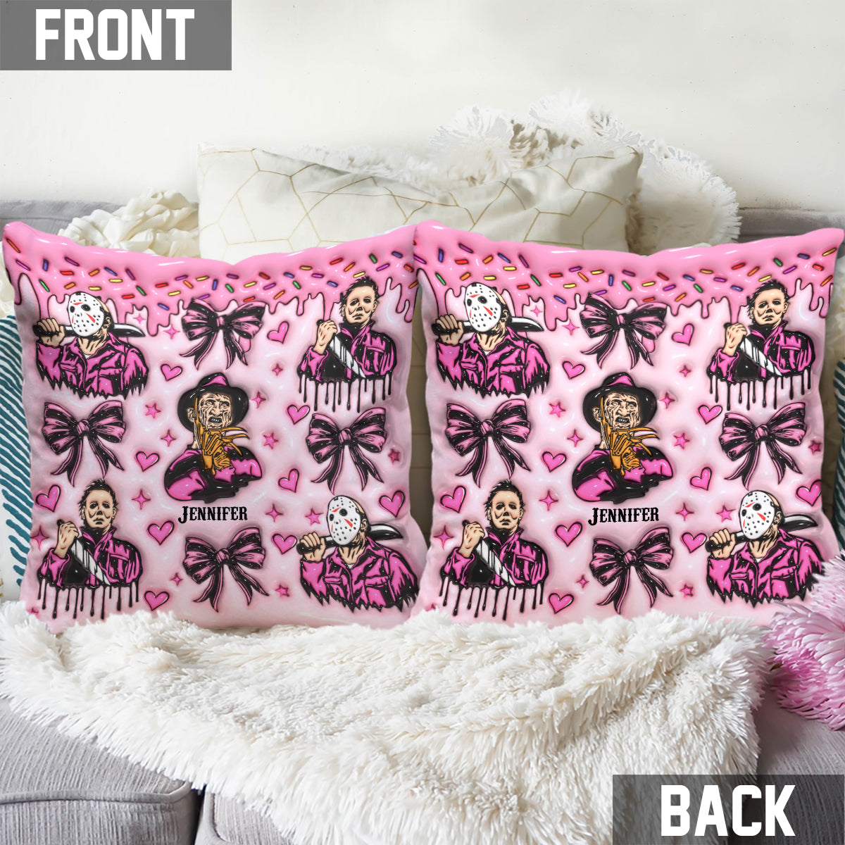 Personalized Horror Movie Fan Throw Pillow Custom Name Gift