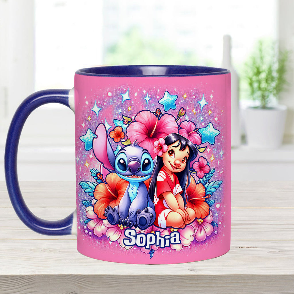 Personalized Pink Accent Mug with Ohana Bubble Flowers Design