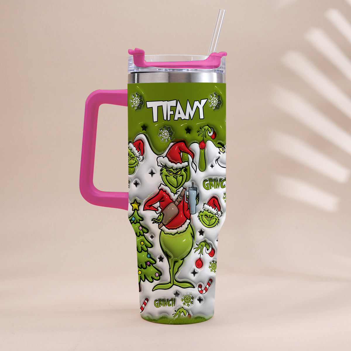 Personalized Grinch Christmas Tumbler with Handle Gift for Mom
