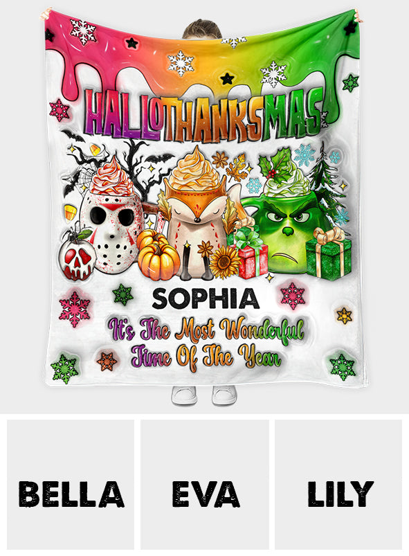 Personalized Hallothanksmas Blanket Custom Name Festive Gift