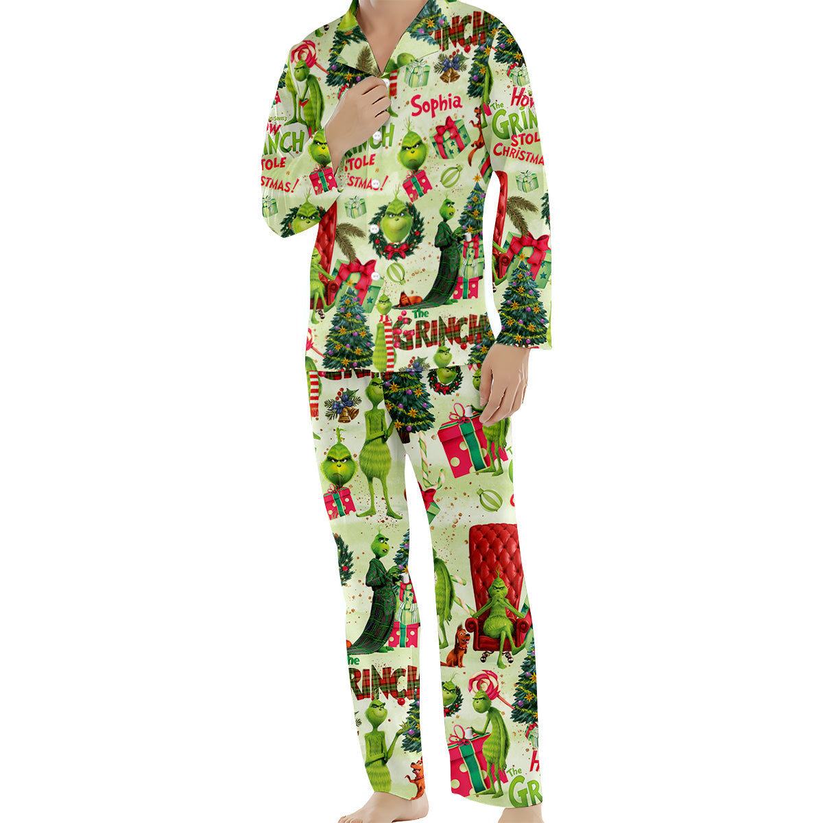 Personalized Grinch Christmas Button Down Pajamas for Couples