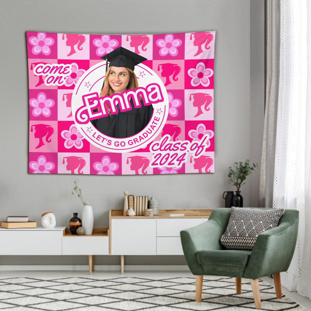 Personalized Pink Graduation Wall Tapestry with Custom Name and Photo for Girls