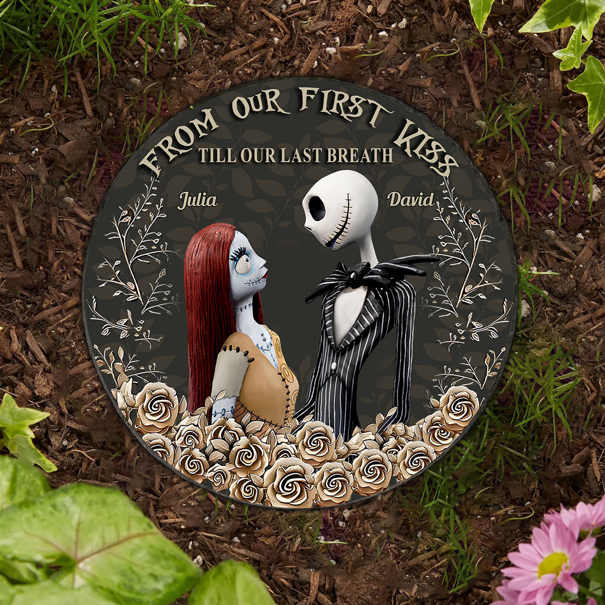 Personalized Round Slate Stone First Kiss Gift for Couples