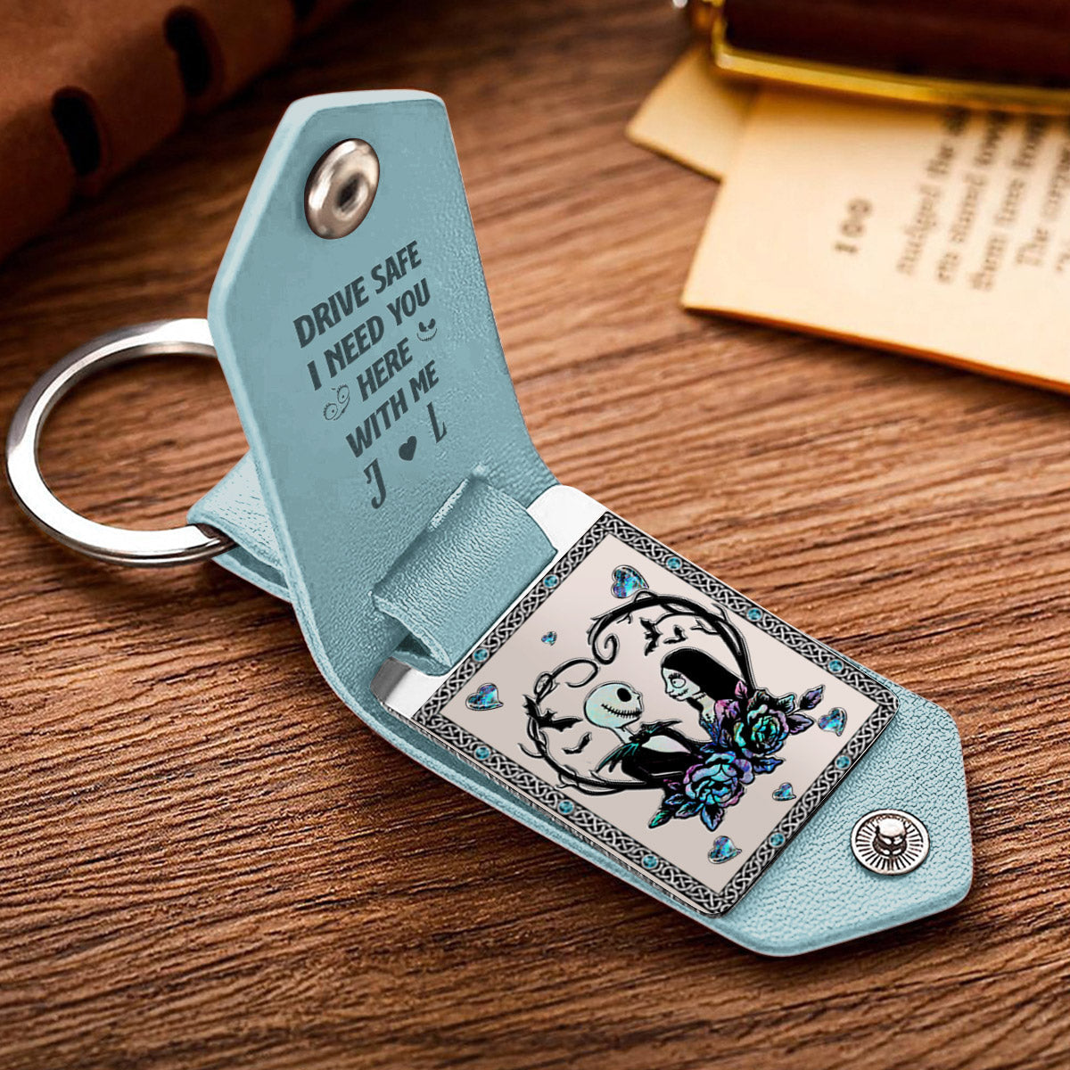 Personalized Leather Photo Keychain Gift for Couples | Drive Safe Reminder
