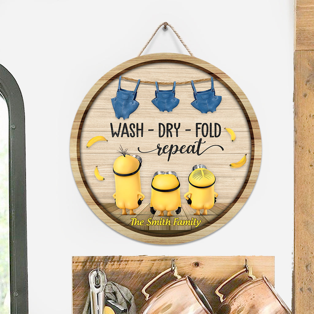 Personalized Round Wood Sign Wash Dry Fold Design Gift for Family