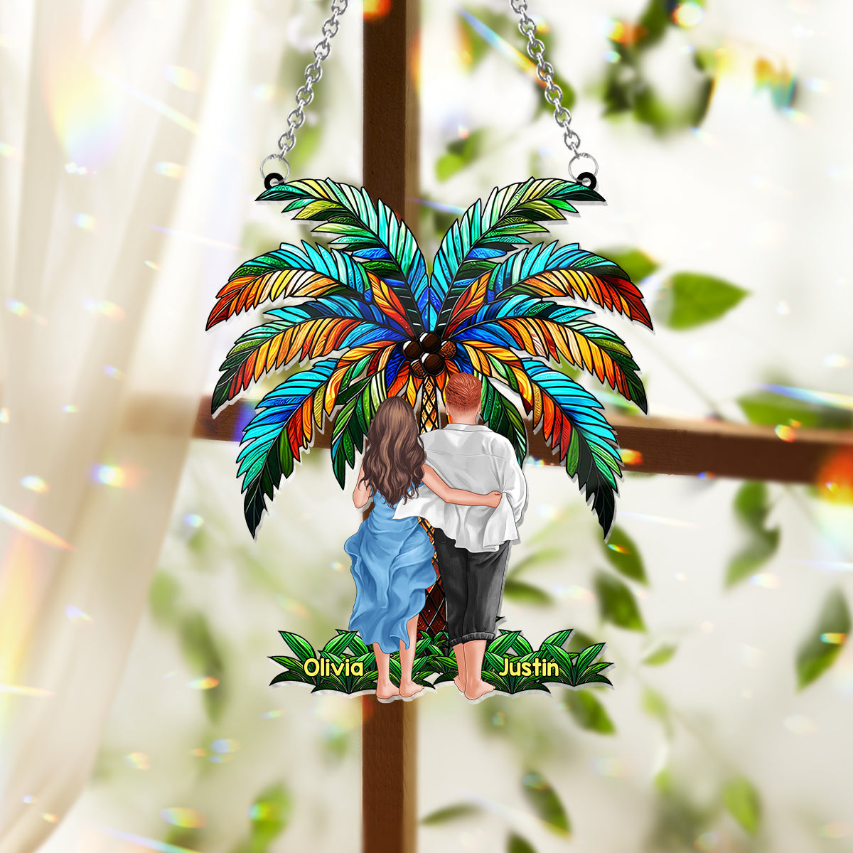 Personalized Couple Suncatcher Ornament Custom Name Gift Under Palm Tree