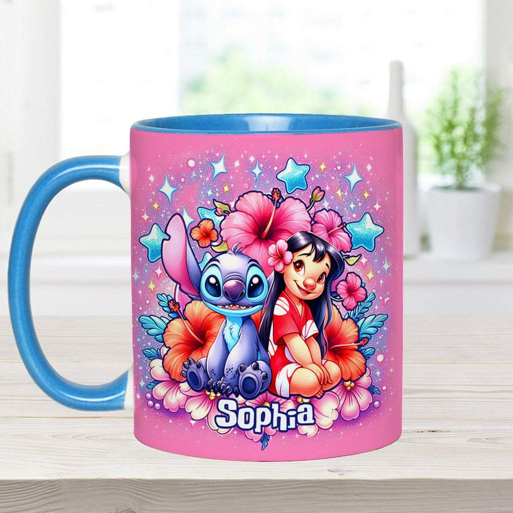 Personalized Pink Accent Mug with Ohana Bubble Flowers Design