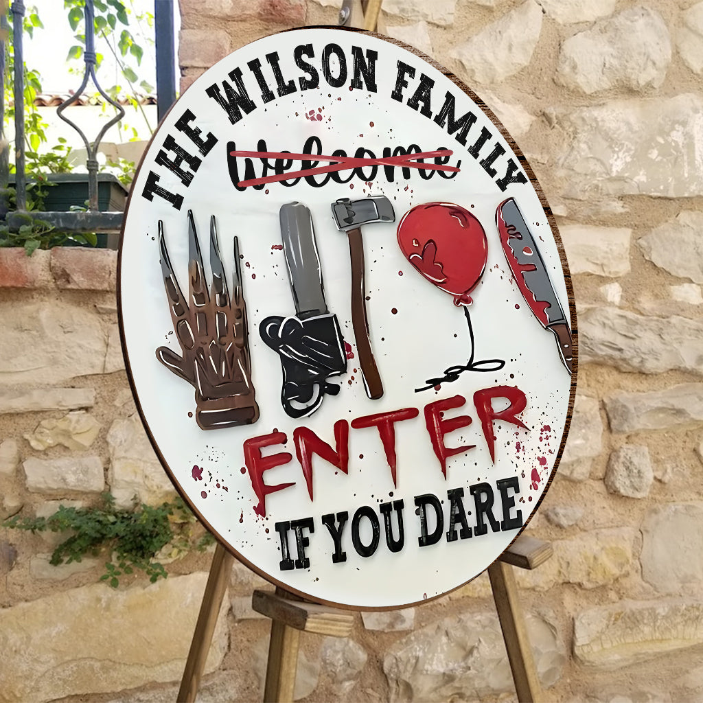 Personalized Halloween Round Wood Sign Custom Family Name Enter If You Dare