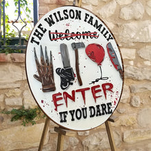 Load image into Gallery viewer, Personalized Halloween Round Wood Sign Custom Family Name Enter If You Dare
