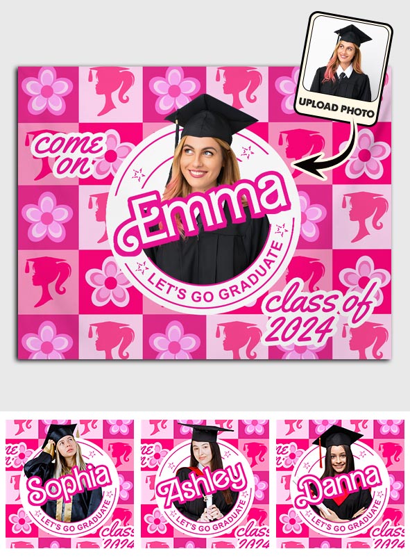 Personalized Pink Graduation Wall Tapestry with Custom Name and Photo for Girls