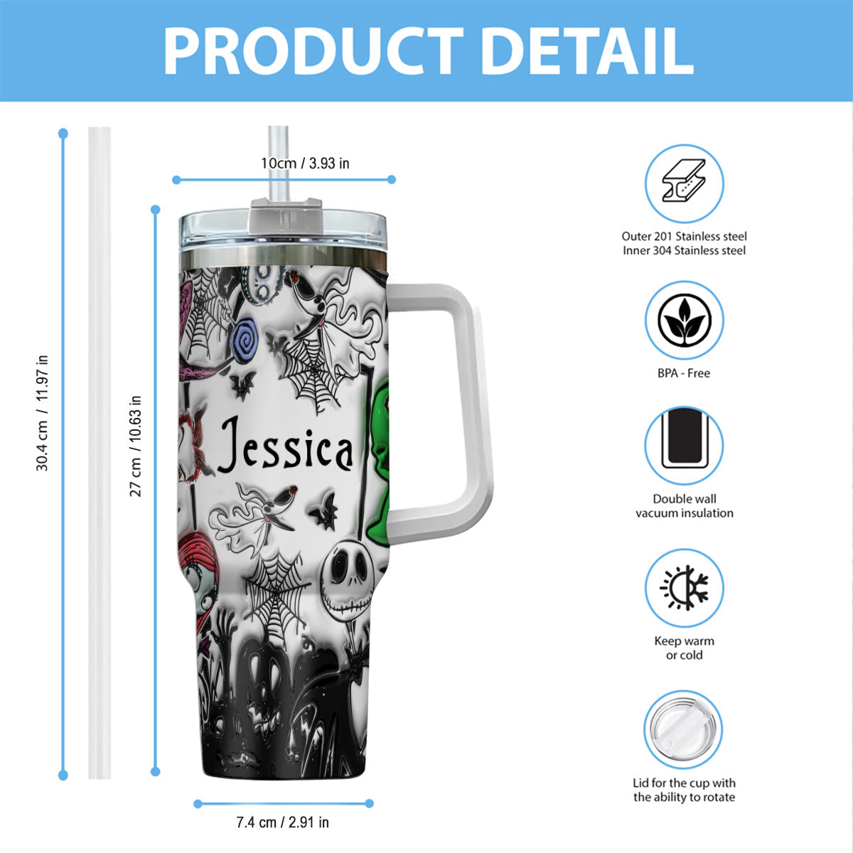 Personalized Nightmare Tumbler with Handle Custom Name Gift