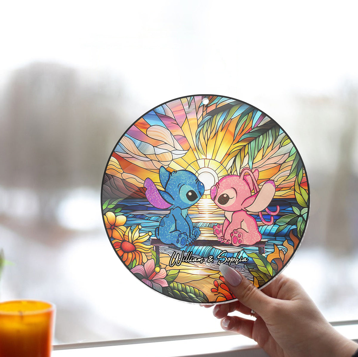 Personalized Ohana Suncatcher Ornament for Couples - Romantic Sunset Home Decor