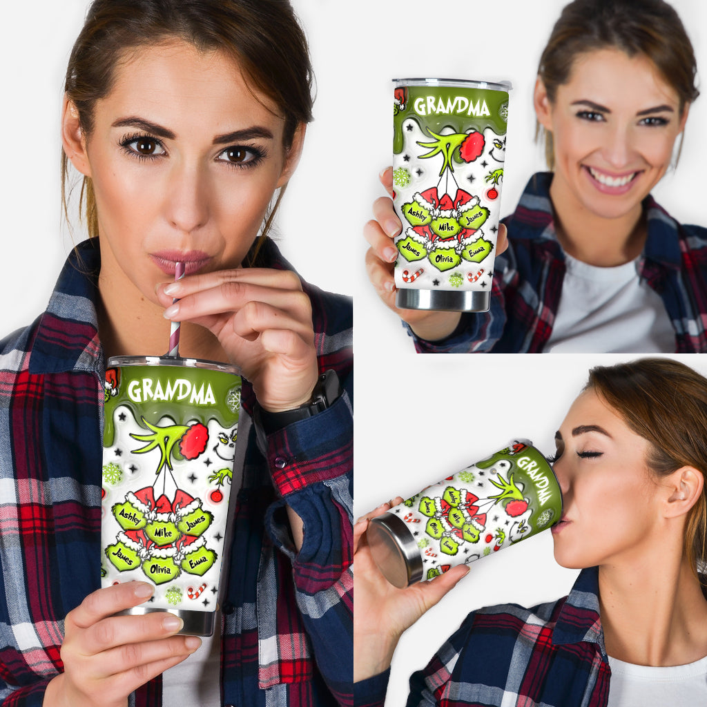 Personalized Christmas Tumbler with Green Snowflakes for Grandma